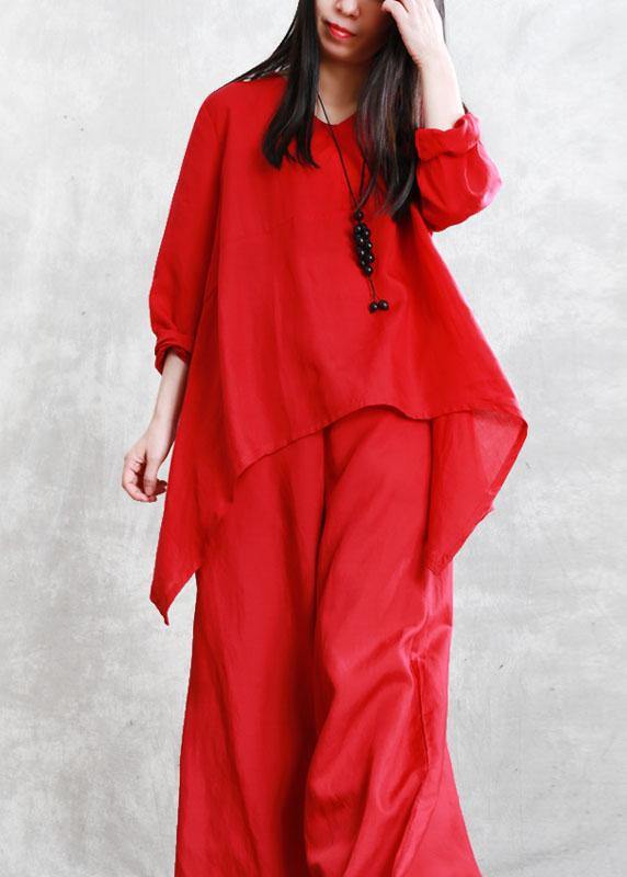 Boho Red V Neck Asymmetrical Design Fall Two Pieces Set Long sleeve - Omychic