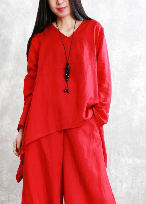 Boho Red V Neck Asymmetrical Design Fall Two Pieces Set Long sleeve - Omychic