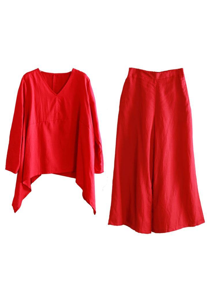 Boho Red V Neck Asymmetrical Design Fall Two Pieces Set Long sleeve - Omychic