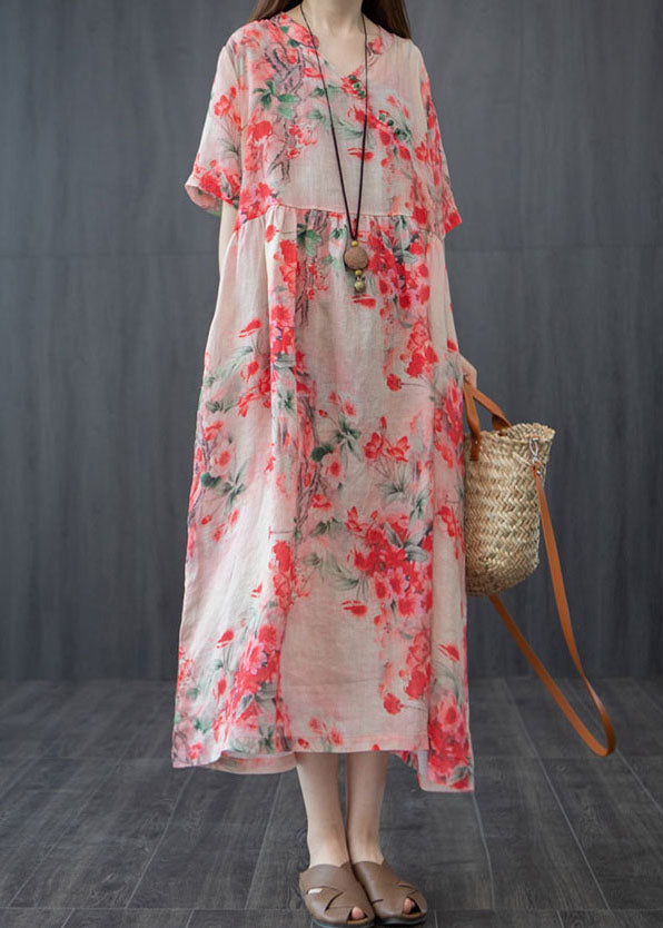 Boho Red V Neck Print Pockets Patchwork Linen Dress Summer