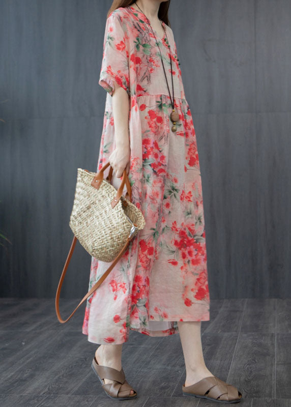 Boho Red V Neck Print Pockets Patchwork Linen Dress Summer