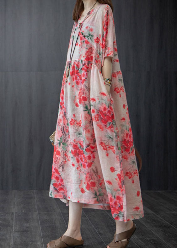 Boho Red V Neck Print Pockets Patchwork Linen Dress Summer