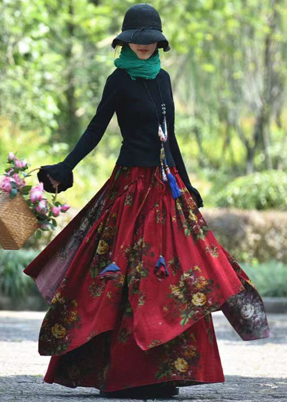 Boho Red Wrinkled Asymmetrical Print Corduroy Skirts Spring