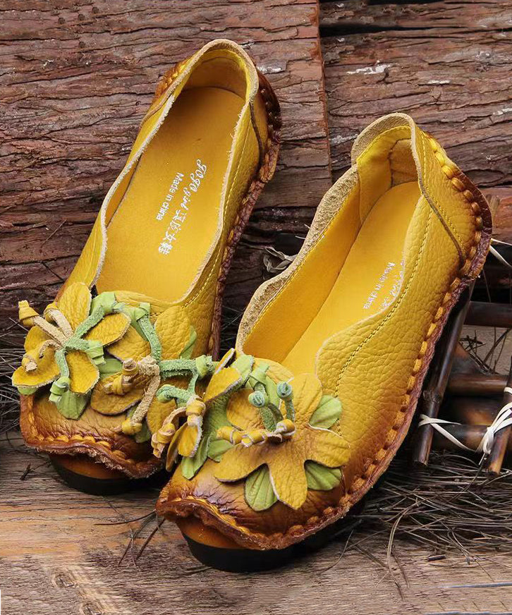 Boho Retro Splicing Flat Shoes Yellow Faux Leather Floral