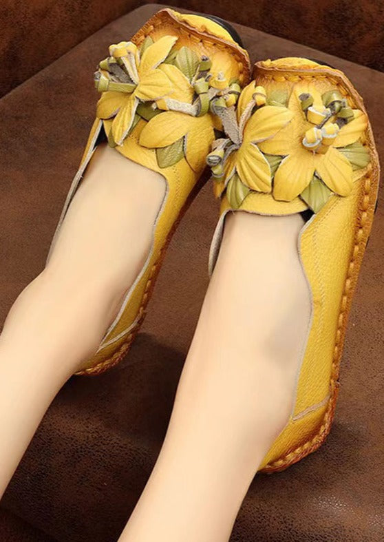 Boho Retro Splicing Flat Shoes Yellow Faux Leather Floral