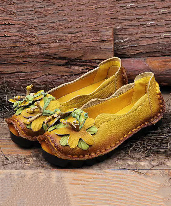 Boho Retro Splicing Flat Shoes Yellow Faux Leather Floral