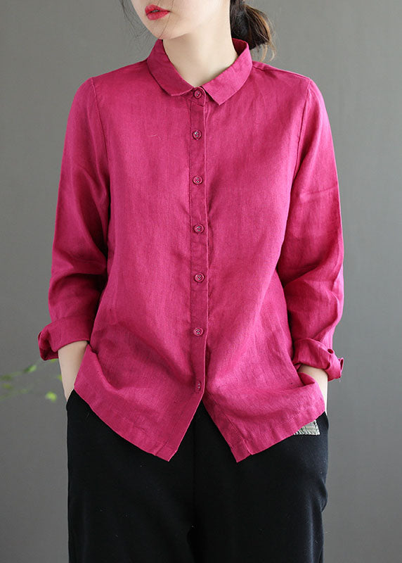Boho Rose Peter Pan Collar Solid Color Single Breasted Linen Shirt Top Fall