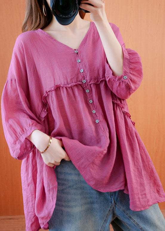 Boho Rose V Neck Ruffled Patchwork Cotton Shirt Tops Bracelet Sleeve