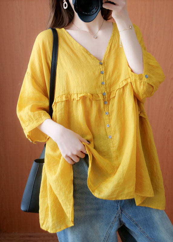 Boho Rose V Neck Ruffled Patchwork Cotton Shirt Tops Bracelet Sleeve