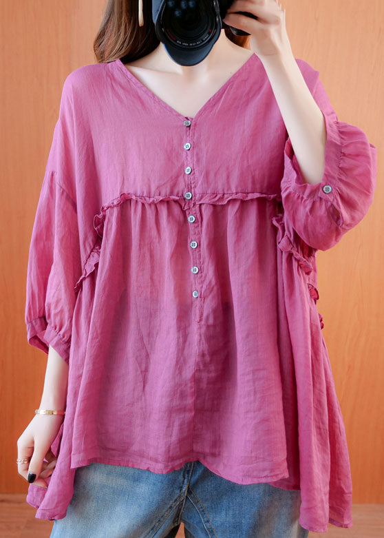 Boho Rose V Neck Ruffled Patchwork Cotton Shirt Tops Bracelet Sleeve