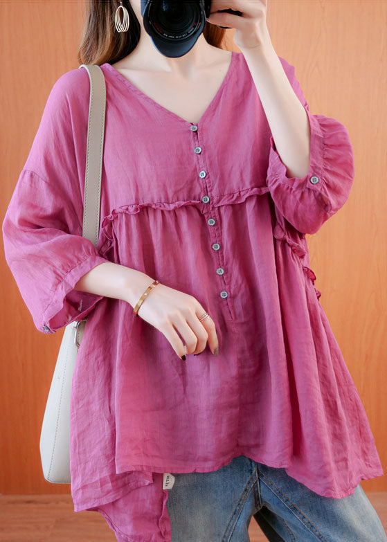 Boho Rose V Neck Ruffled Patchwork Cotton Shirt Tops Bracelet Sleeve