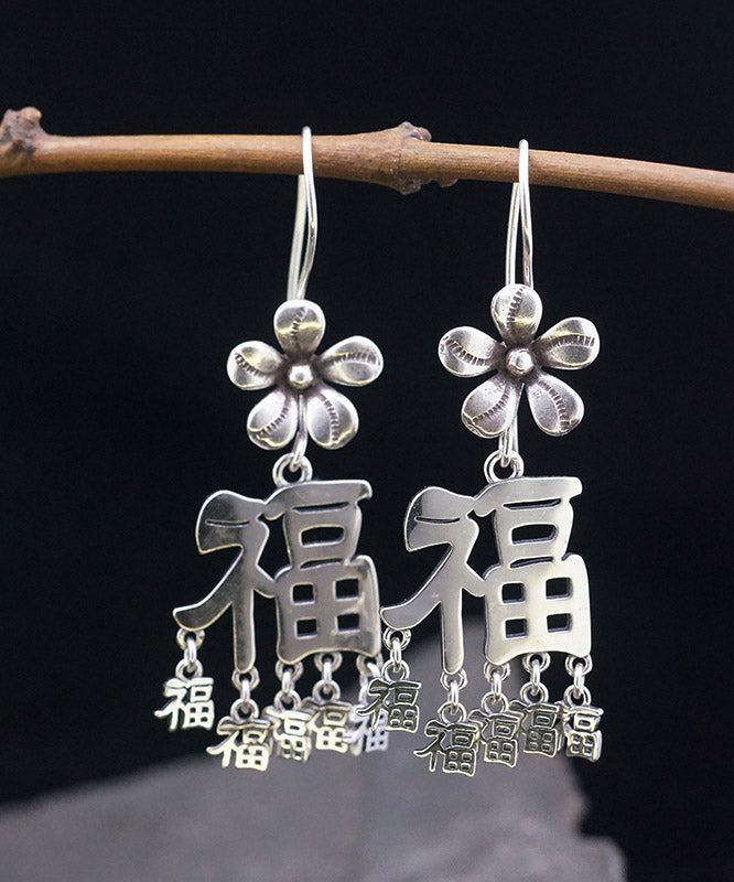 Boho Silk Sterling Silver Blessing Floral Tassel Drop Earrings