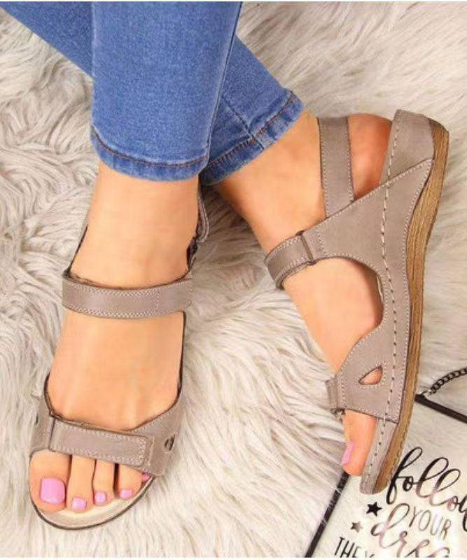 Boho Splicing Peep Toe Wedge Sandals Brown Faux Leather