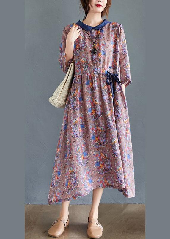 Boho Tie Waist Print Pockets Fall Mid Dress Half Sleeve - Omychic