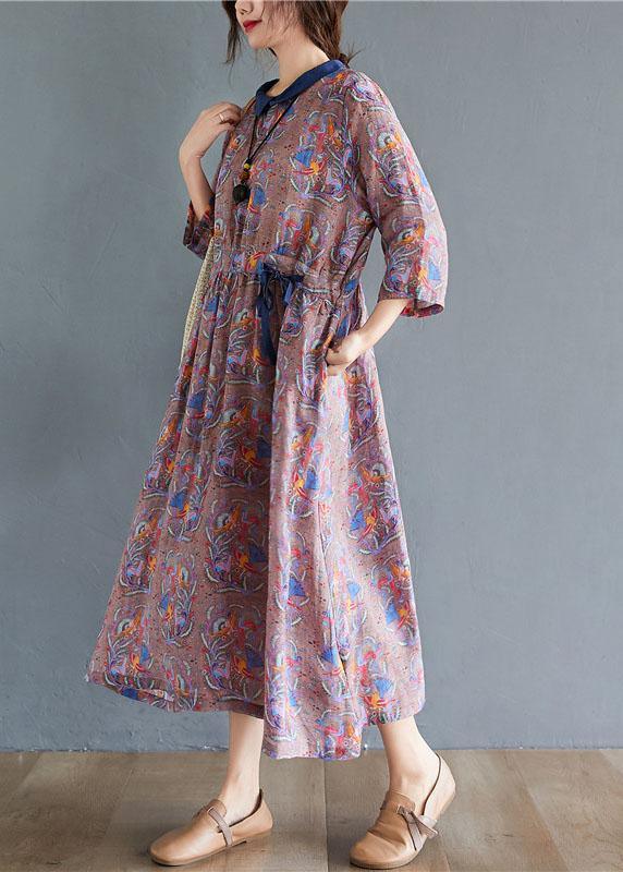 Boho Tie Waist Print Pockets Fall Mid Dress Half Sleeve - Omychic