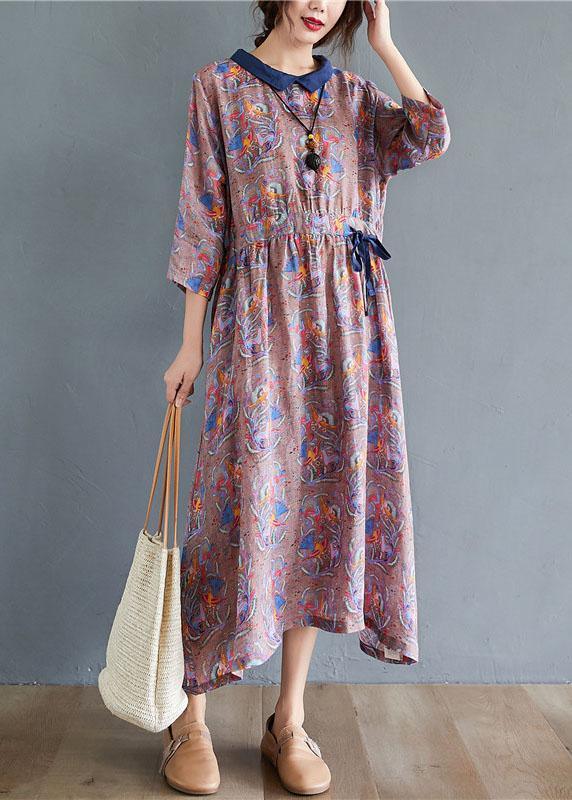 Boho Tie Waist Print Pockets Fall Mid Dress Half Sleeve - Omychic