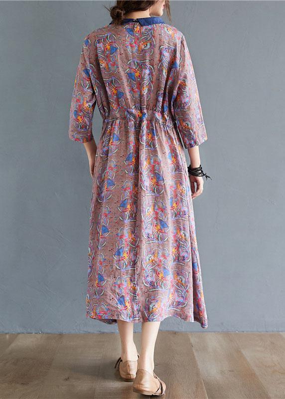 Boho Tie Waist Print Pockets Fall Mid Dress Half Sleeve - Omychic