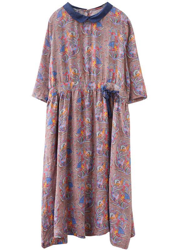 Boho Tie Waist Print Pockets Fall Mid Dress Half Sleeve - Omychic