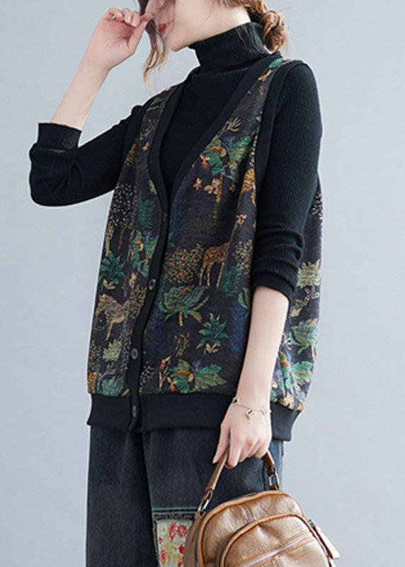 Boho V Neck Print Button Warm Fleece Waistcoatt Winter