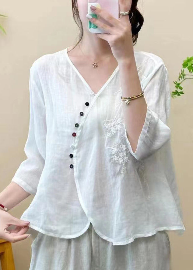 Boho White Embroideried Linen Blouse Top Half Sleeve