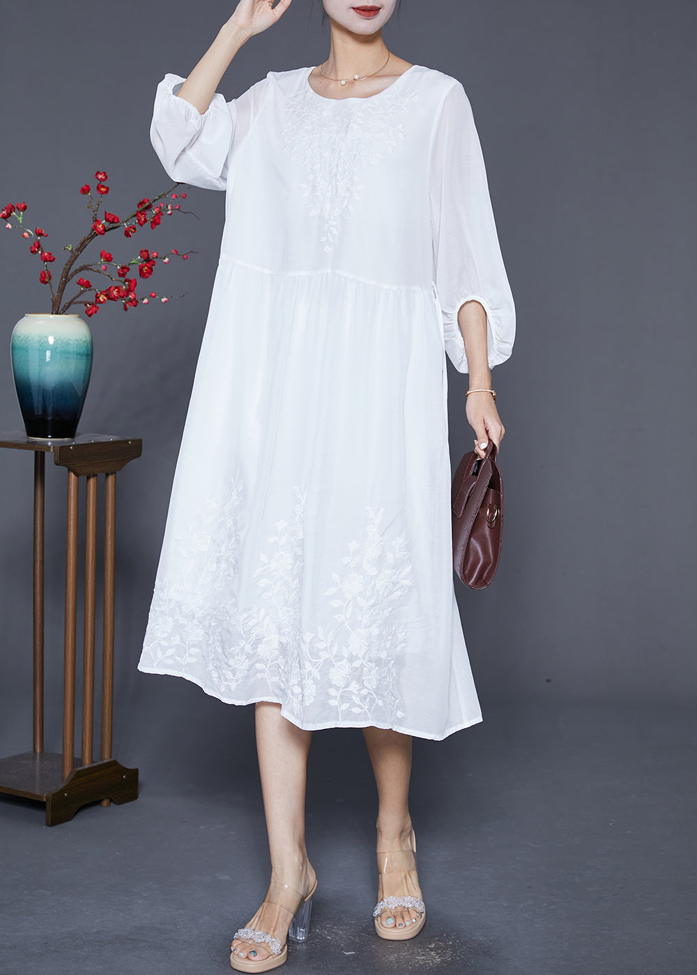 Boho White Embroideried Oversized Cotton Dress Lantern Sleeve