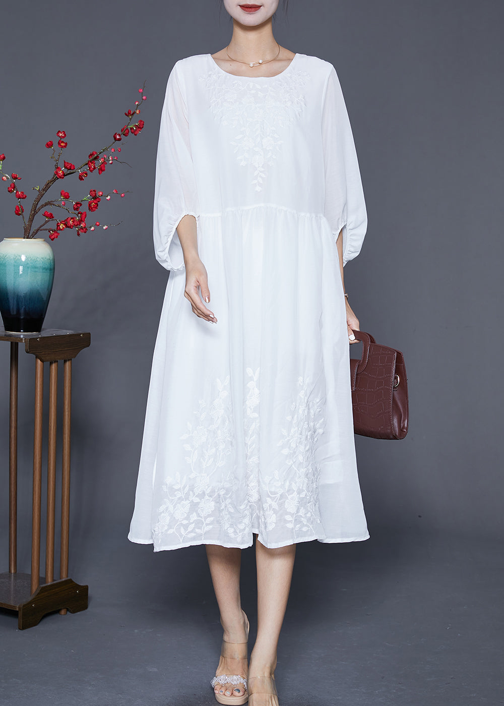 Boho White Embroideried Oversized Cotton Dress Lantern Sleeve