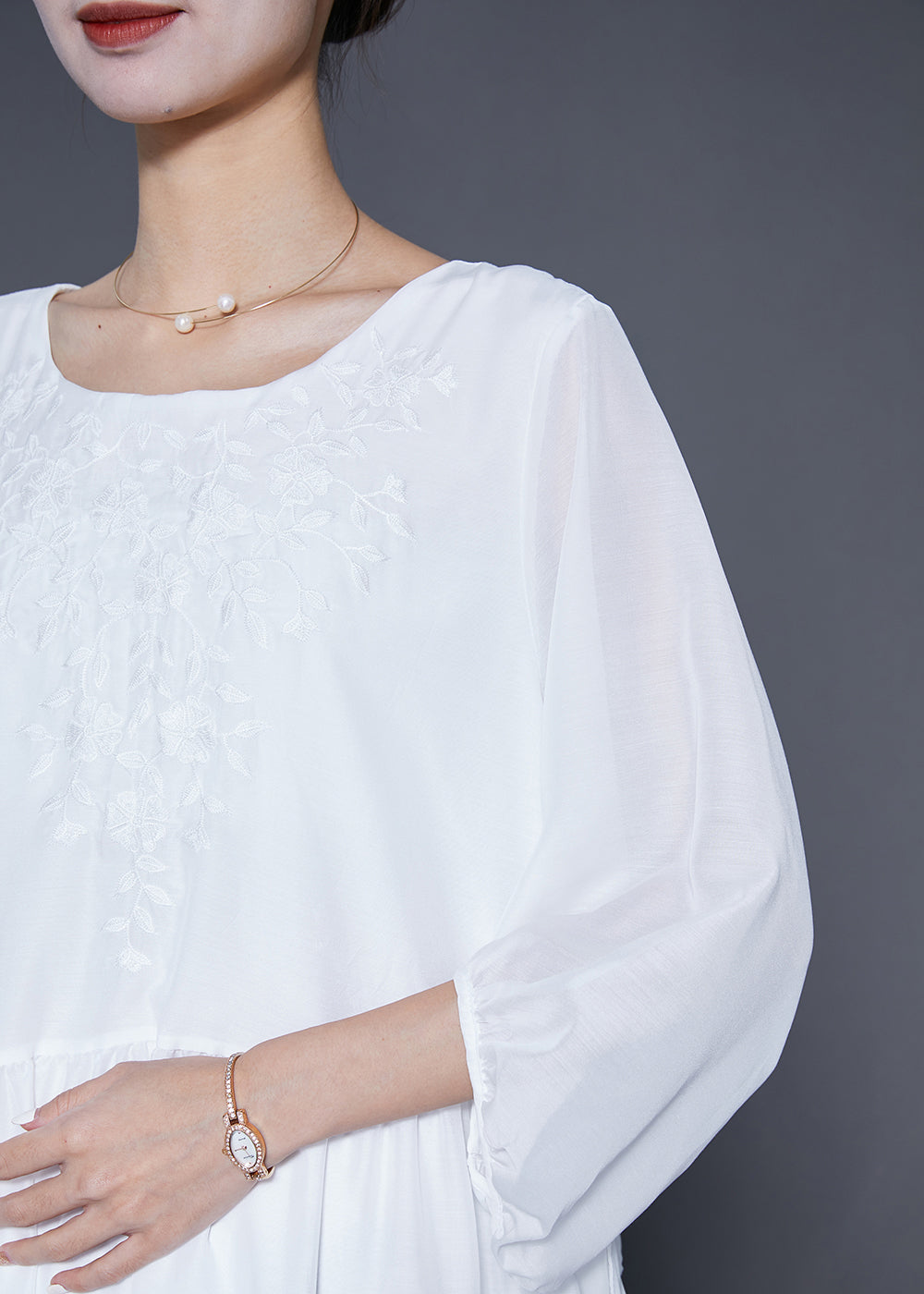 Boho White Embroideried Oversized Cotton Dress Lantern Sleeve