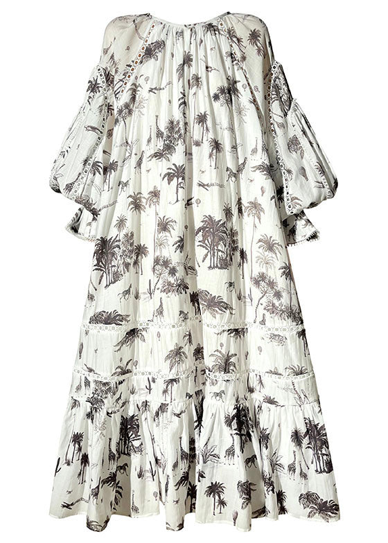 Boho White O-Neck Patchwork Print Extra Large Hem Long Dress Lantern Sleeve