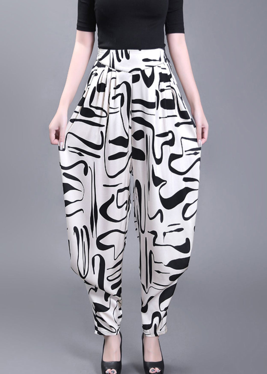 Boho White Pockets Print High Waist Chiffon Pants Summer