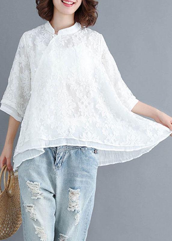 Boho White Stand Collar Asymmetrical Design Summer Tops Three Quarter Sleeve Shirt - Omychic