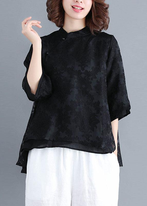 Boho White Stand Collar Asymmetrical Design Summer Tops Three Quarter Sleeve Shirt - Omychic