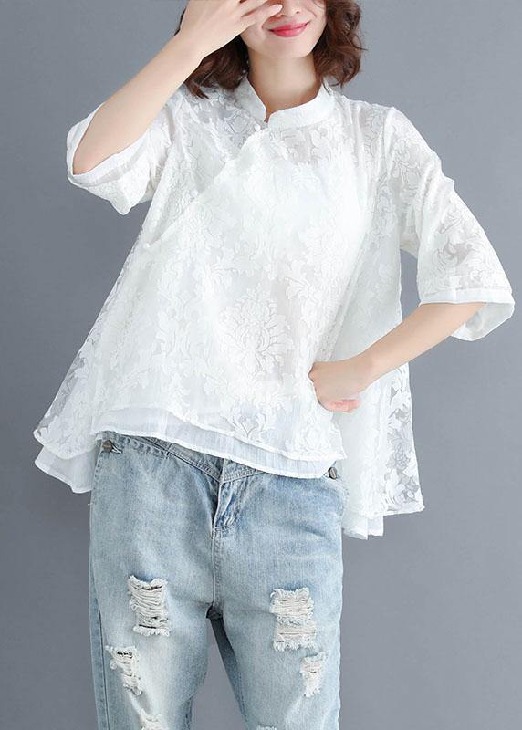 Boho White Stand Collar Asymmetrical Design Summer Tops Three Quarter Sleeve Shirt - Omychic