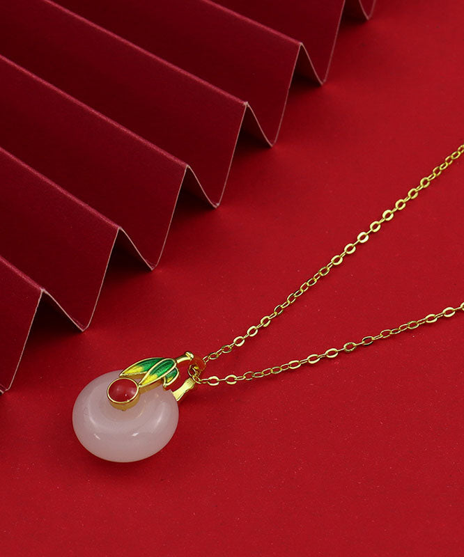 Boho White Sterling Silver Enamel Jade Pendant Necklace