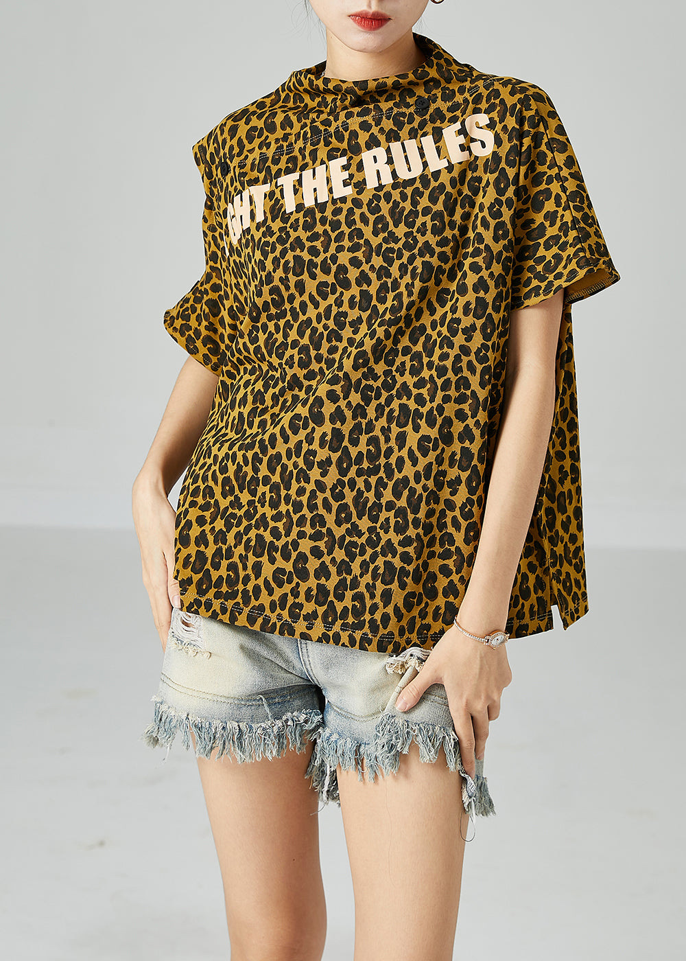 Boho Yellow Cold Shoulder Leopard Print Cotton Tops Summer