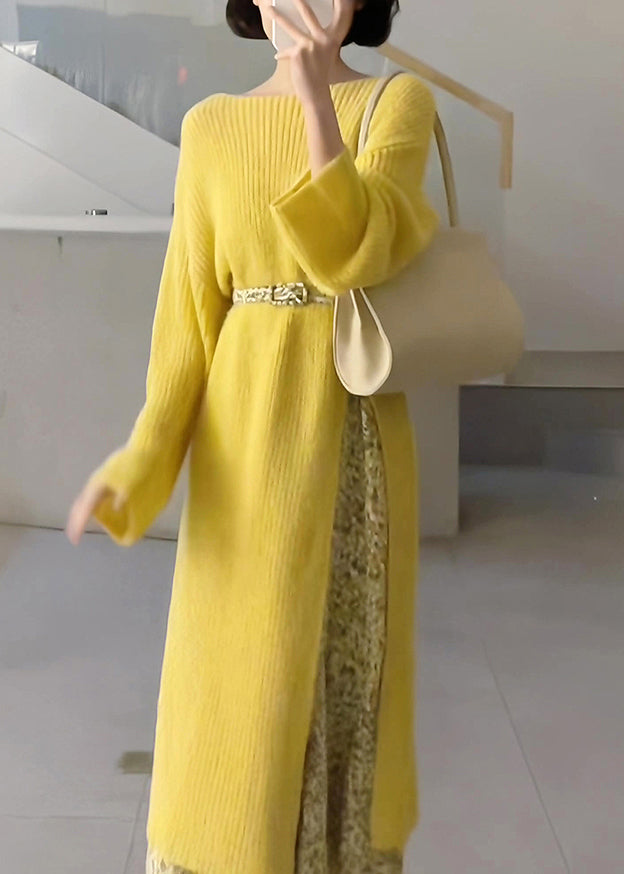 Boho Yellow O-Neck Knit Sweaters Dresses And Skirts Two Piece Set Fall