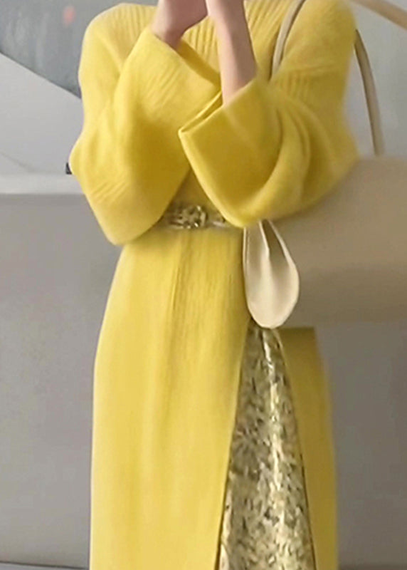 Boho Yellow O-Neck Knit Sweaters Dresses And Skirts Two Piece Set Fall