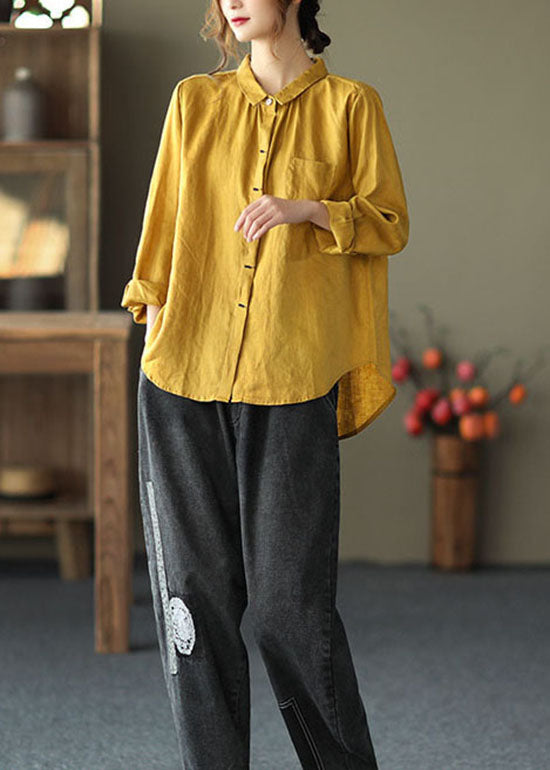 Boho Yellow Peter Pan Collar Patchwork Linen Shirts Top Long Sleeve