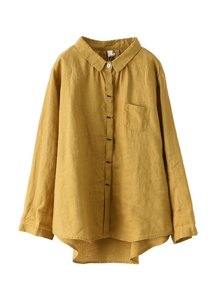 Boho Yellow Peter Pan Collar Patchwork Linen Shirts Top Long Sleeve