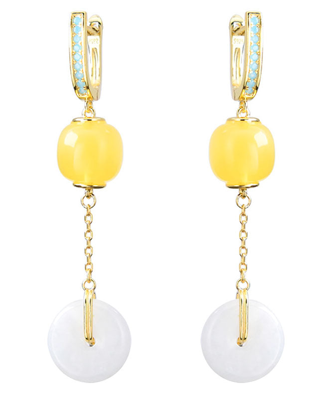Boho Yellow Sterling Silver Overgild Jade Beeswax Drop Earrings