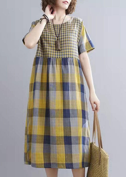 Boho Yellow Plaid Pockets Patchwork Fall Holiday Dress Long sleeve