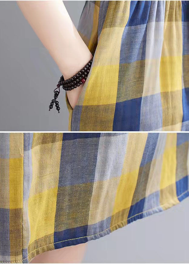 Boho Yellow Plaid Pockets Patchwork Fall Holiday Dress Long sleeve