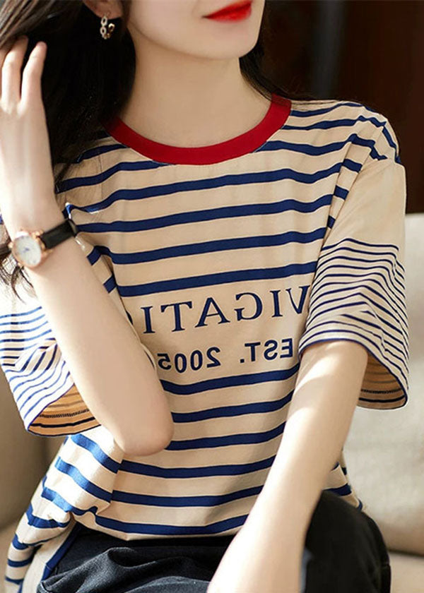 Boutique Apricot O Neck Striped Cotton T Shirt Summer