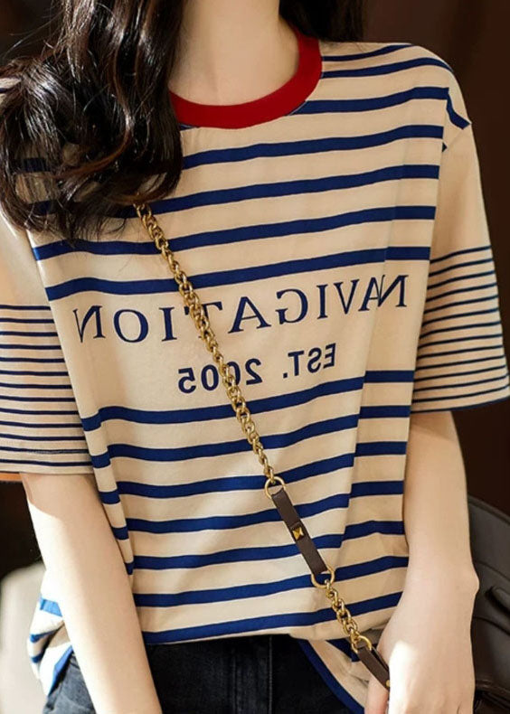 Boutique Apricot O Neck Striped Cotton T Shirt Summer