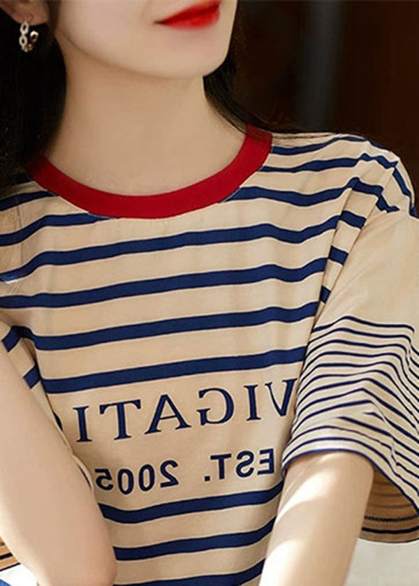 Boutique Apricot O Neck Striped Cotton T Shirt Summer