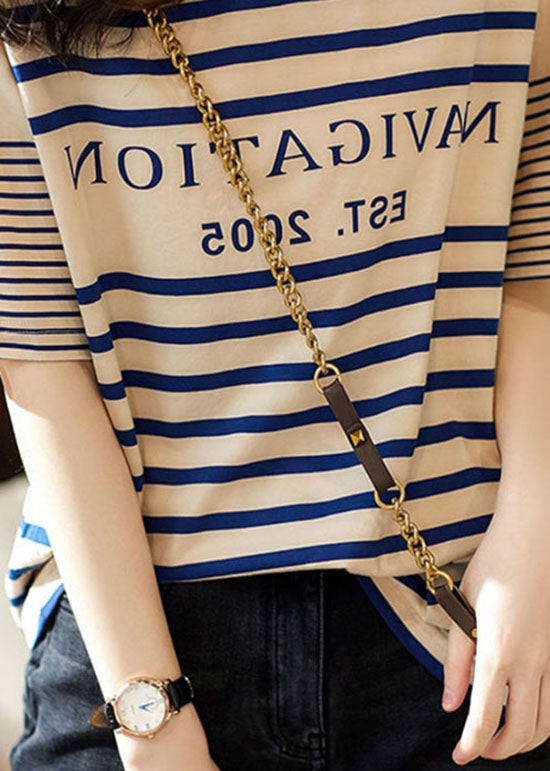 Boutique Apricot O Neck Striped Cotton T Shirt Summer