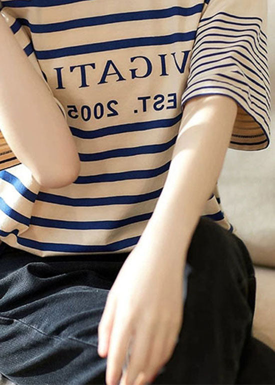 Boutique Apricot O Neck Striped Cotton T Shirt Summer