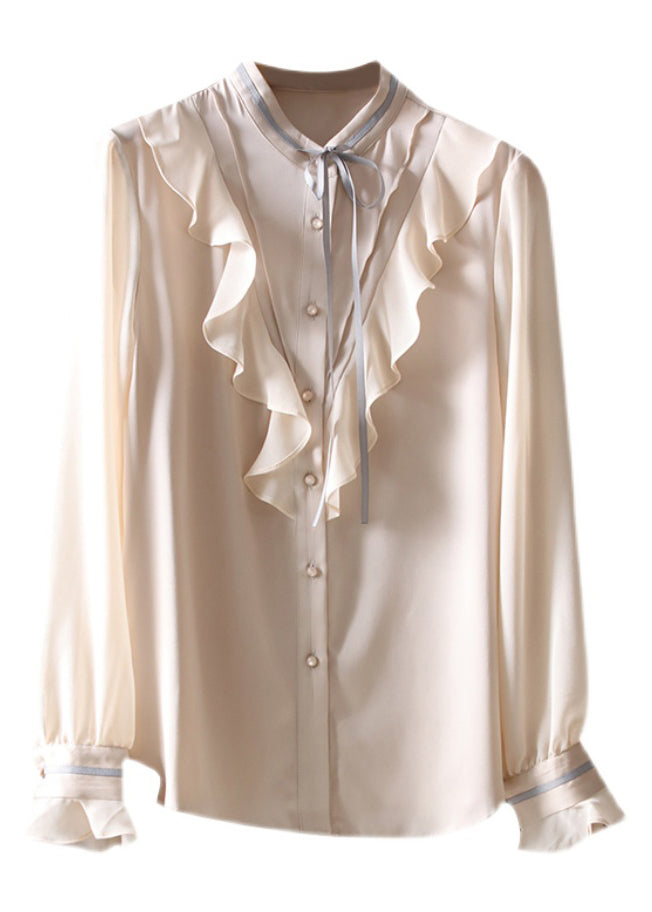 Boutique Apricot Ruffled Button Silk Shirts Spring