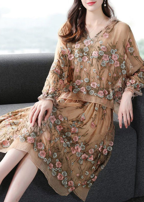Boutique Beige Hooded Embroideried Patchwork Silk Fake Two Piece Dresses Spring