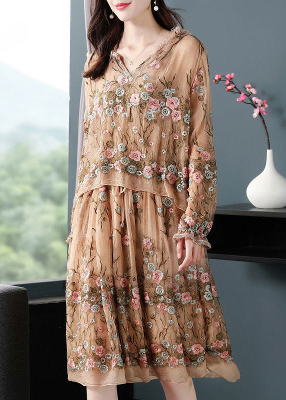 Boutique Beige Hooded Embroideried Patchwork Silk Fake Two Piece Dresses Spring