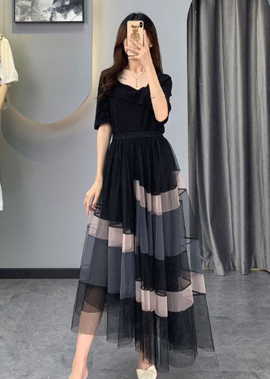 Boutique Black Asymmetrical Tulle Two Pieces Set Half Sleeve